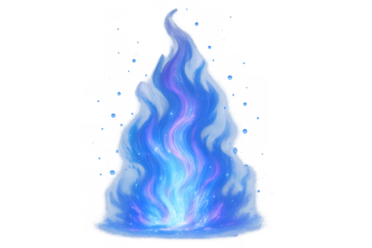 Blue fire flame with a mystical glow and energy, showing ethereal sparks and abstract magic on a transparent background