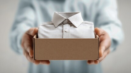 Folded white shirt with collar placed neatly inside a cardboard box.