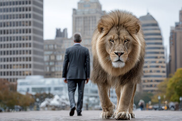 Lion walks confidently through an urban landscape while a businessman walks away