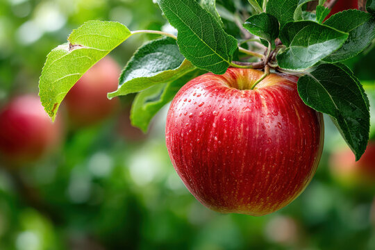 Closeup of a ripe red apple with water droplets on a tree branch