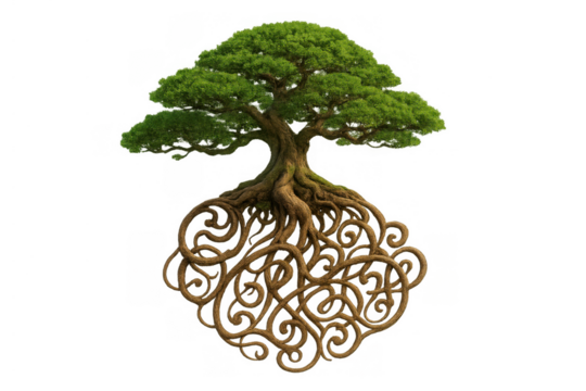 Tree of life with celtic knot roots, symbolizing growth, connection, and nature, isolated on transparent background