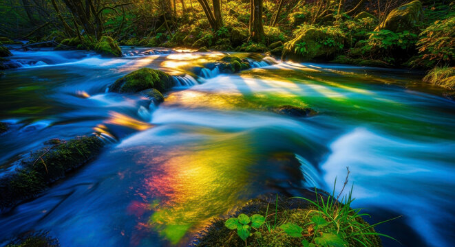 Vibrant river flows through magical forest scene - Powered by Adobe