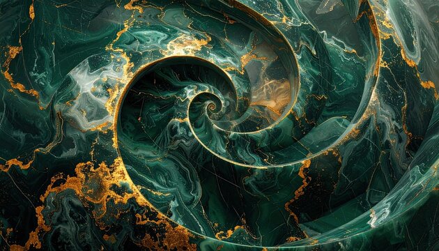 Abstract Swirling Green and Gold Fractal Spiral. - Powered by Adobe