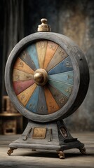 Classic tabletop fortune wheel with aged metal and wooden base