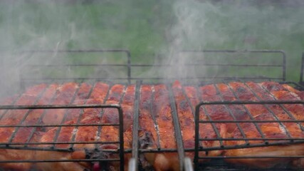 Colorful illustration of fragrant grilled pork ribs on hot coals