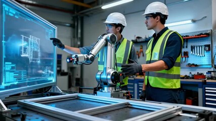 Medium shot capturing a guided robotic framing assistant following digital blueprints precisely while synchronizing with human operators