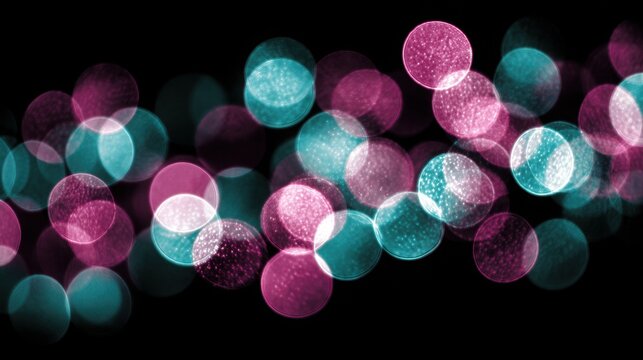 Futuristic holiday background featuring vibrant neon magenta and cyan bokeh circles, creating a cyber winter atmosphere with captivating visual depth and enchanting glow