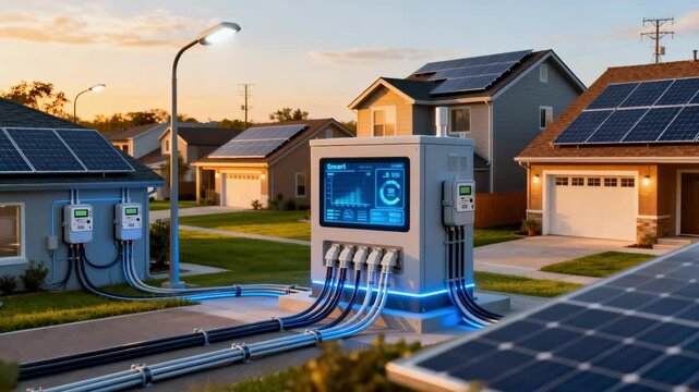 Medium shot of a suburban neighborhood with smart meters connected to a central grid hub emphasizing energy efficiency and community power distribution.