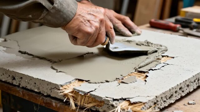 Closeup medium shot of a craftsman applying patch material to a damaged fiber cement board to repair chips and cracks. Detailed handson restoration work.
