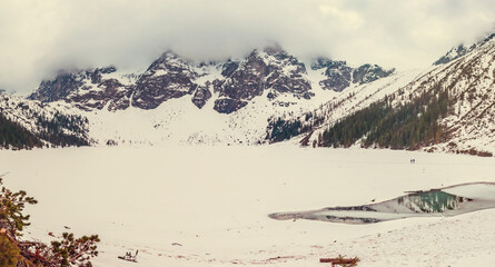 Frozen Lake Morskie Oko or Sea Eye Lake in Poland at Winter. Panoramic view
