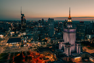 Palace of Science and Culture, Warsaw city center at night