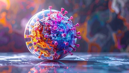 Microscopic view of a vibrant, glowing coronavirus particle with spiky protrusions.