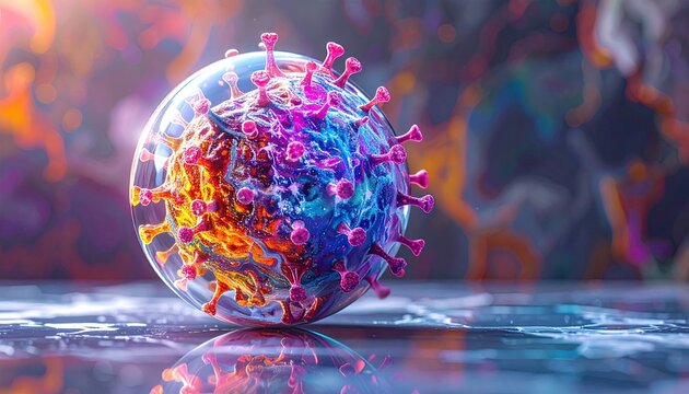 Microscopic view of a vibrant, glowing coronavirus particle with spiky protrusions.