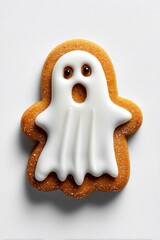 Biscotto in pan di zenzero, per Halloween, a forma di fantasma, con una glassa bianca e occhi di cioccolato. Sfondo trasparente.