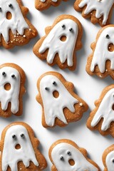 Fantasmi di biscotti in pan di zenzero, per Halloween, con una glassa bianca e occhi di cioccolato. Ripresa dall'alto, su sfondo trasparente.
