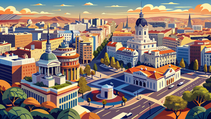 Very beautiful aerial view of downtown Madrid, Spain, revealing a dynamic mix of modern and historic architecture, broad avenues, and vibrant city life under clear natural light.