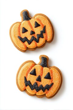 Due biscotti di Halloween, a forma di zucca, decorati con facce di cioccolato. Isolata su sfondo bianco trasparente