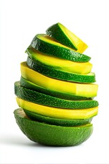 Fette di avocado disposte in una pila artistica, alternate per presentare sia la polpa verde che la buccia, contro un pulito sfondo bianco.