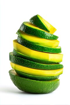 Fette di avocado disposte in una pila artistica, alternate per presentare sia la polpa verde che la buccia, contro un pulito sfondo bianco.