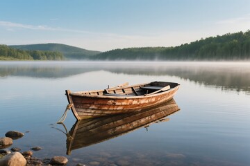 Obraz premium A serene and peaceful scene depicting a vintage boat gently floating on a misty lake at the break of dawn