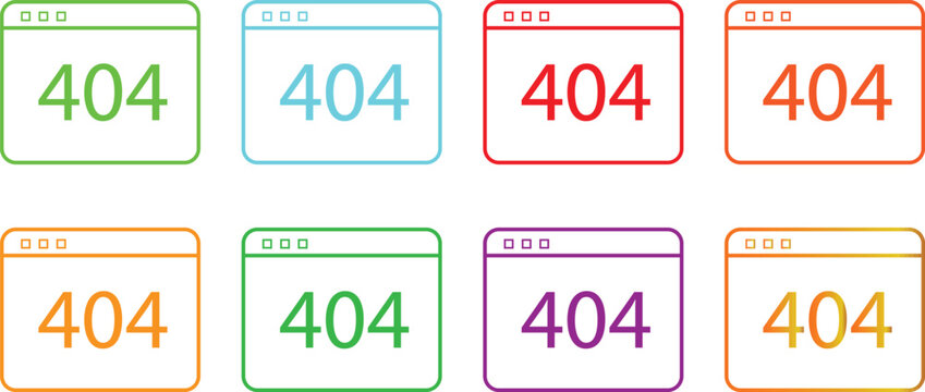 Collection of Colorful 404 Error Browser Window Icons for Web Development and Digital Problem Solving