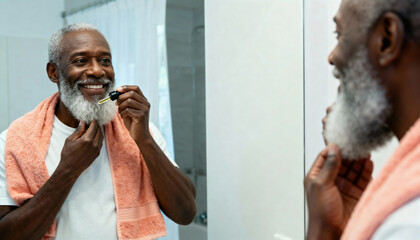 Smiling senior black man applying oil to his grey beard in a bathroom mirror. Mature African American male enjoying his morning grooming routine. Men's self-care and wellness concept