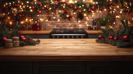 Empty wooden board on cozy Christmas kitchen background with glowing garlands warm festive lights and seasonal decorations banner