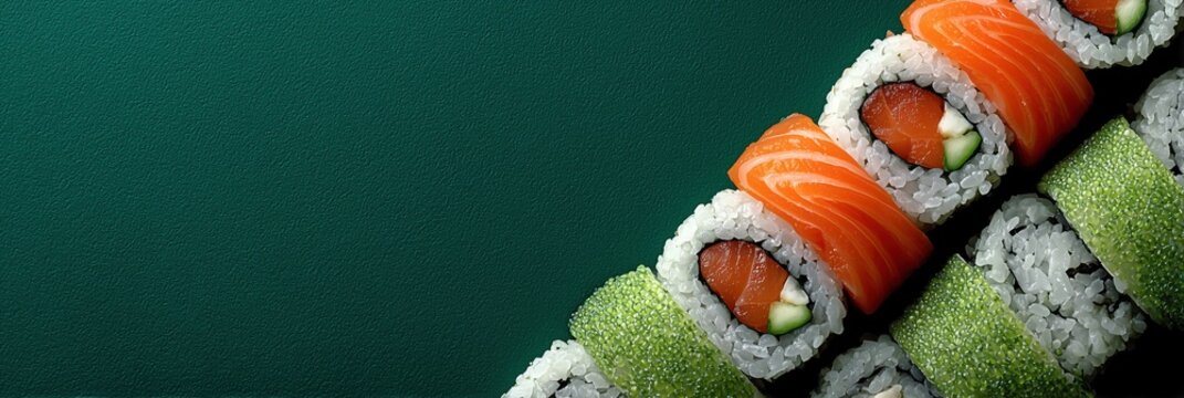Assorted fresh sushi rolls arranged diagonally on dark green texture for Asian cuisine banners.

