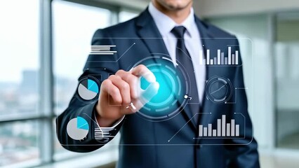 A businessman using a digital interface for data analysis and financial growth planning. A corporate strategy concept featuring a hologram chart and future technology on a touch screen in 4K video. - Powered by Adobe
