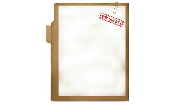 A tan file folder with a white paper stamped 'Top Secret' secured with a paperclip on the top edge.