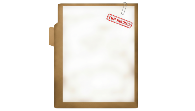 A tan file folder with a white paper stamped 'Top Secret' secured with a paperclip on the top edge.