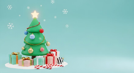 Naklejka premium 3d Render Christmas Tree Gifts Candy Cane Minimal Pastel Aqua Background Copy Space Seasonal Holiday Festive Decoration Scene