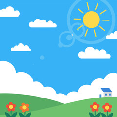 A bright blue sky dotted with clouds, rendered in anime style, features a shining sun and white fluffy clouds, creating a sunny, summer outdoor scene illustrated in cartoon vector form