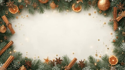 Light New Year and Christmas background with pine needles and dried citrus fruits, cinnamon and star anise.