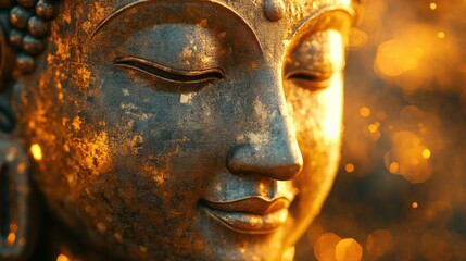 Golden Buddha face close-up with serene expression and detailed texture in warm golden tones against a dark background