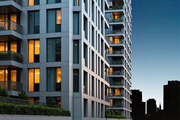 Fototapeta premium A sleek, modern apartment building with illuminated windows captures the essence of urban city living