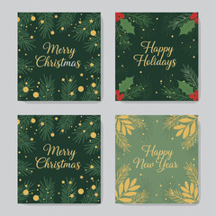 Luxury Christmas invitation card design vector featuring an elegant Happy New Year card with leaf branches, snowflakes, and bauble balls set against a green background, suitable for seasonal