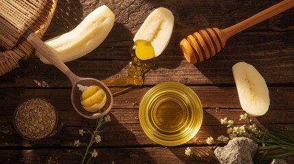 Banana, nuts and honey lie on a wooden table.