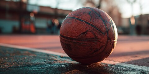 Pallone da basket arancione appoggiato su un campo all’aperto, con canestro sfocato in lontananza
