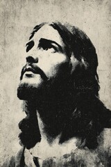 Ritratto di Gesù Cristo in stile pittorico, che guarda verso l'alto con un'espressione di contemplazione e serenità. Immagine monocromatica