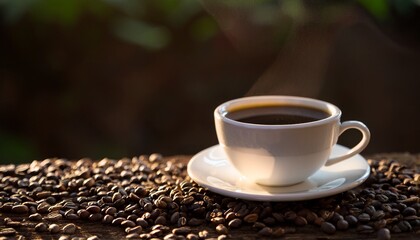 Dark Coffee In White Cup Rests On Roasted Coffee Beans Highlighting Rich Textures And Inviting Ambiance Ideal For Culinary And Beverage Related Visuals