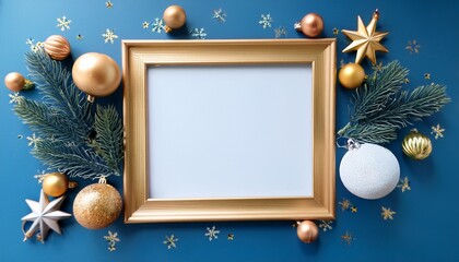 Christmas Frame Mockup Blue Background With Gold And White Ornaments Holiday Template With Copy Space Ai Generative
