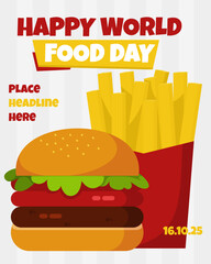 
World Food Day Flat Cartoon Poster, with flat cartoon style illustration of burger and fries in bright yellow red colors