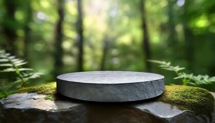 A Gray Stone Pedestal Sits On A Rocky Platform Surrounded By A Green Blurry Forest It S Perfect For Showcasing Products In A Natural Setting