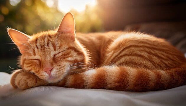 A Cute Orange Tabby Cat Peacefully Sleeping On Its Side With A Content Expression - Powered by Adobe