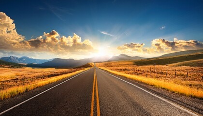 Open Road With Mountain Landscape During Summer Holidays Are Great For Travel And Wanderlust Road Trip With Beautiful American Country Scenery Escape Into Eternity With Blue Skies And Golden Clouds