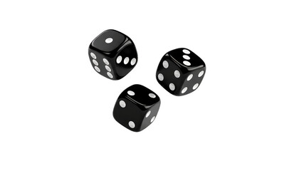 Three glossy black dice with white spots hover against a dark void, creating a sense of suspense.