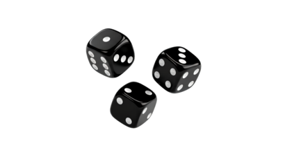 Three glossy black dice with white spots hover against a dark void, creating a sense of suspense.