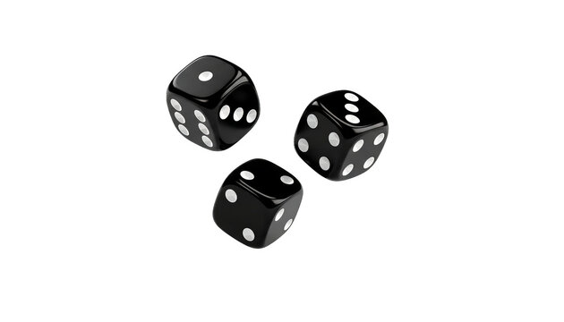 Three glossy black dice with white spots hover against a dark void, creating a sense of suspense.