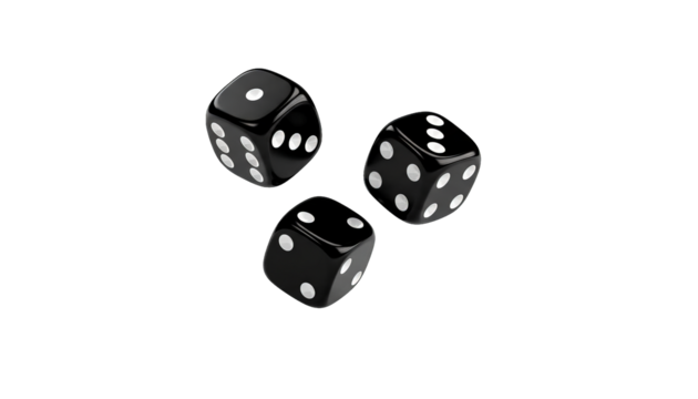 Three glossy black dice with white spots hover against a dark void, creating a sense of suspense.
